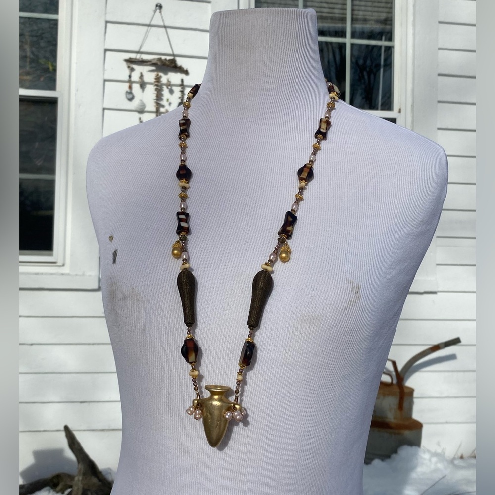Vintage Gold Brown Statement Necklace with Miniature Brass Bud Vase Pendant RARE